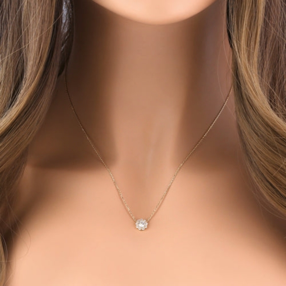 Solid 14K Gold Flower with Clear CZ Necklace - Picture 2 of 4